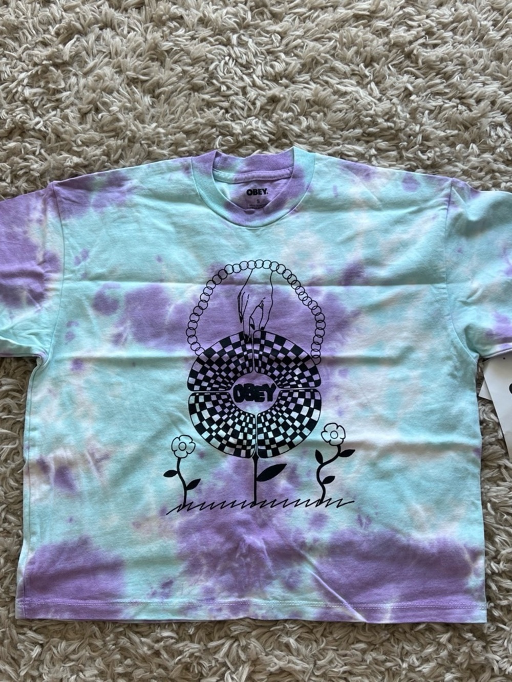 OBEY Purple & Mint Checker Flower Graphic Tee